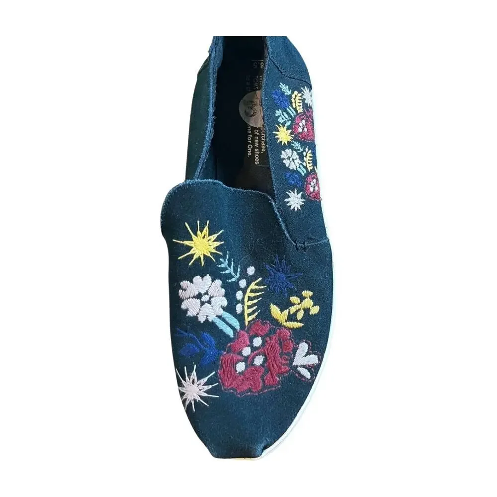 TOMS Alpargata Black Suede Floral Embroidered Slip On Flats Size 8.5 Boho
